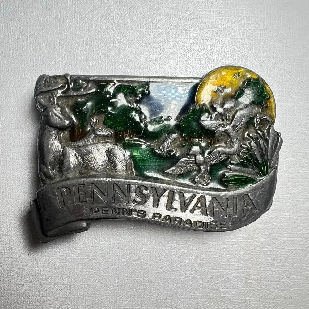 Vintage 80s Bergamot Belt Buckle Enamel Penns Paradise Pennsylvania Hunting